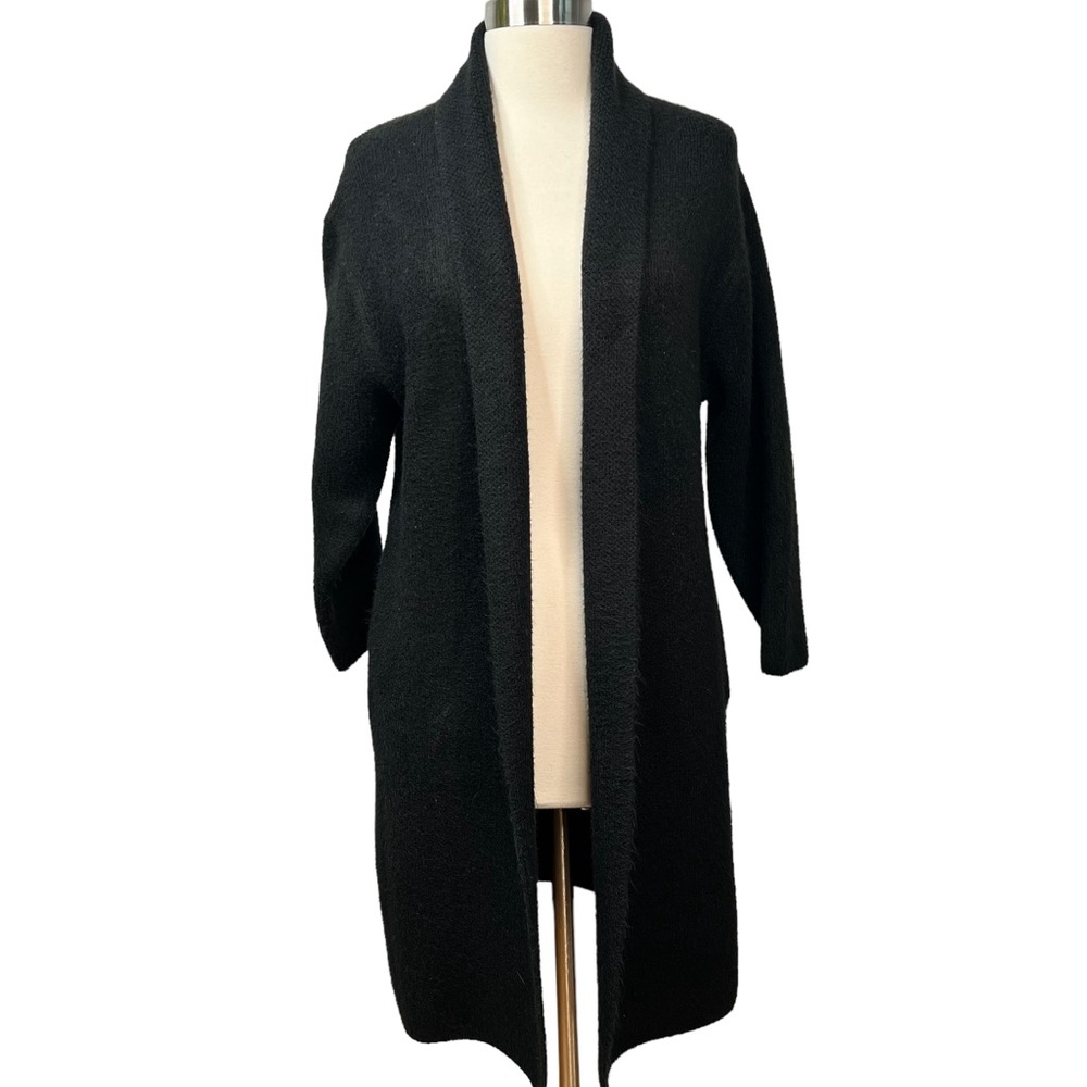 Look by M Black Long Wool-Blend Open Front Cardigan Sweater One Size